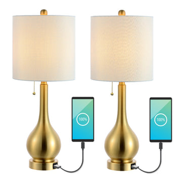 Tyler 24" Modern Classic Gourd Iron LED Table Lamp with Pull-Chain with Dual USB Charging Port - JONATHAN Y